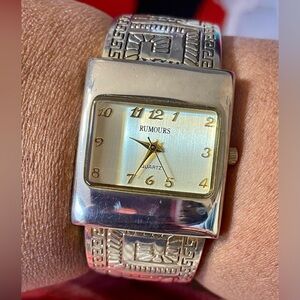 Rumours Ornate Gold Tone Hinged Cuff Watch Bracelet Size 7 inches